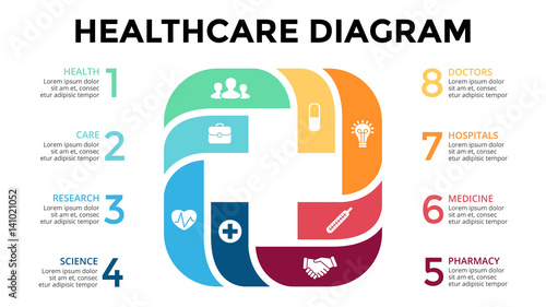 Vector plus infographic, medical diagram, healthcare graph, hospital presentation, emergency chart. Medicine doctor logo. Concept with 8 options, parts, steps, processes.