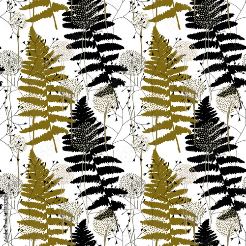 Floral vector pattern with fern leaves, stylized flowers and grasses.