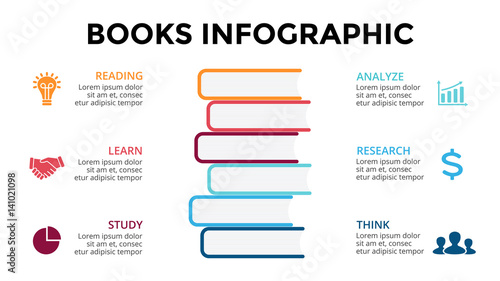 Vector books infographic, education diagram, knowledge chart, learn study graph presentation. Business read concept with 6 options, parts, steps, processes.