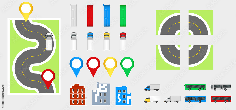 Cityscape Design Elements with road, transport, buildings, navigation ...