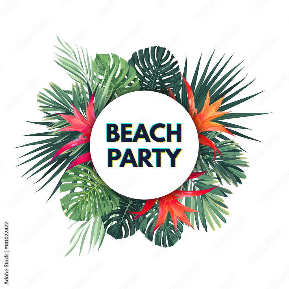 Obraz premium Bright vector floral banner template for summer beach party. Tropical flyer with green exotic palms and red flowers.