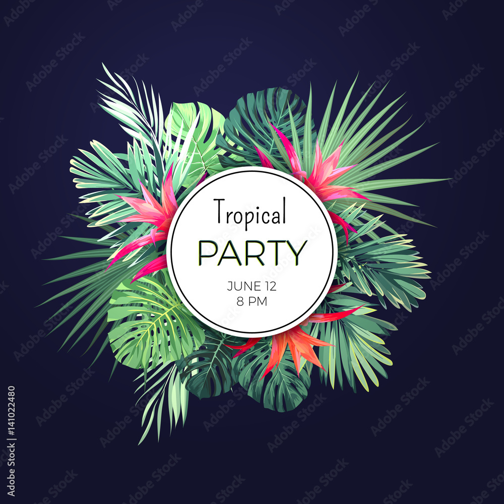 Naklejka premium Dark vector floral banner template for summer beach party. Tropical flyer with green exotic plants and red flowers.