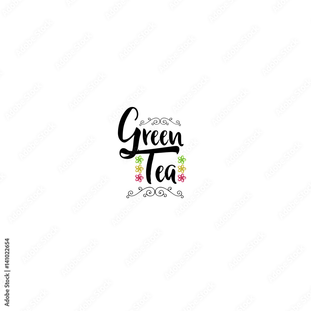 Badge as part of the design - Green tea Sticker, stamp, logo - for design, hands made. With the use of floral elements, calligraphy and lettering Badge as part of the design - Green tea Sticker, stamp, logo - for design, hands made. With the use of floral elements, calligraphy and lettering