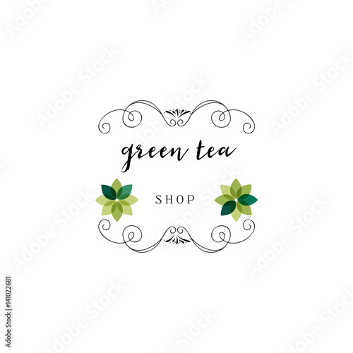 Badge as part of the design - Green tea Sticker, stamp, logo - for design, hands made. With the use of floral elements, calligraphy and lettering