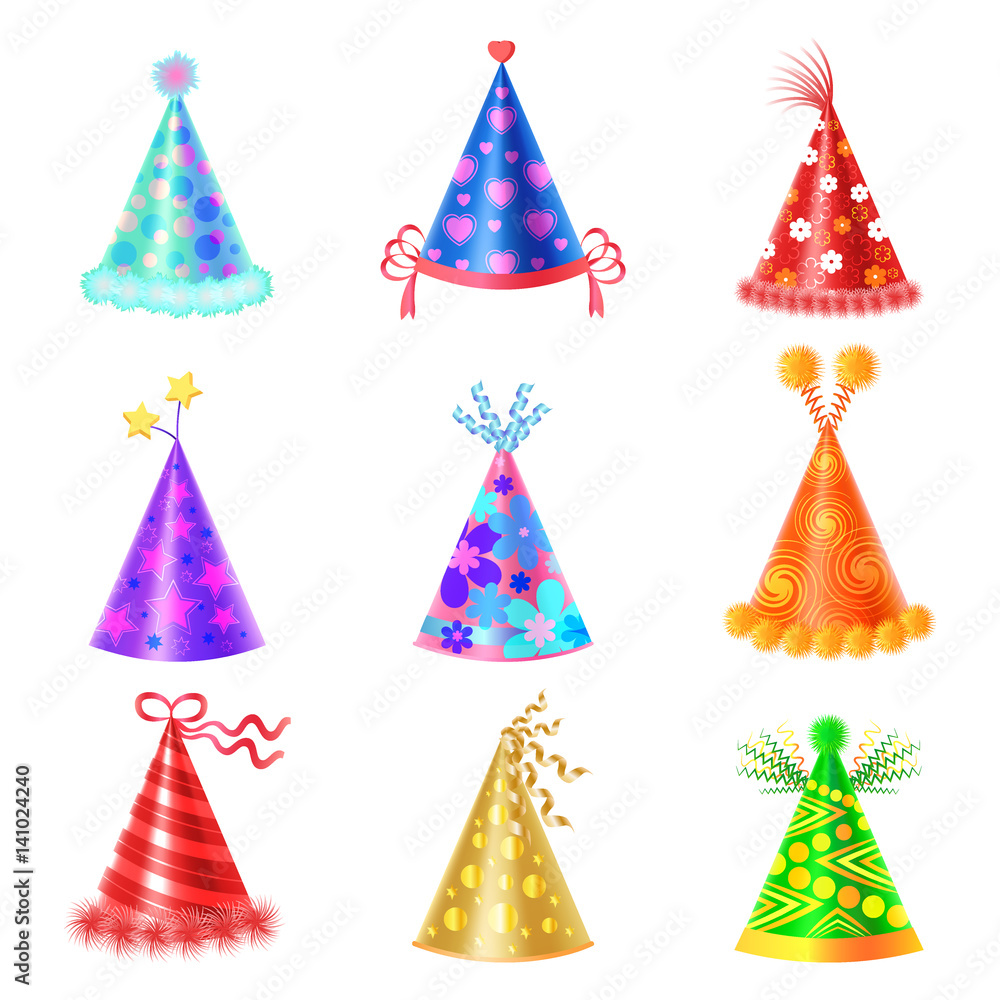 Set of Different Festive Caps in Cartoon Style Set of Different Festive Caps in Cartoon Style