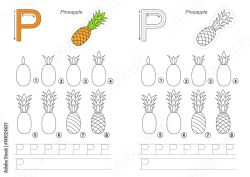 Drawing tutorial. Game for letter P. Pineapple.