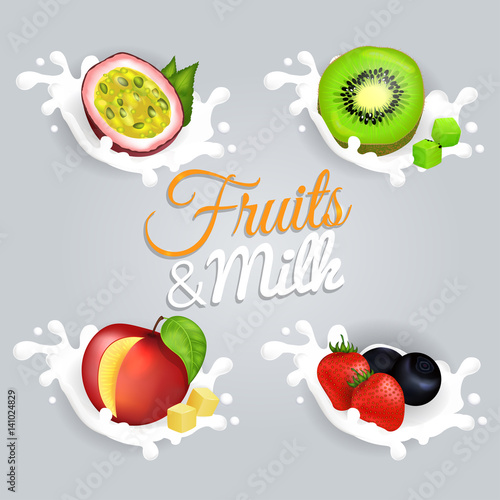 Fruit Splashing in Milk Colorful Vector Poster