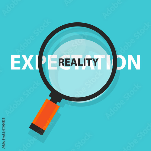 expectation vs reality concept business analysis magnifying glass symbol