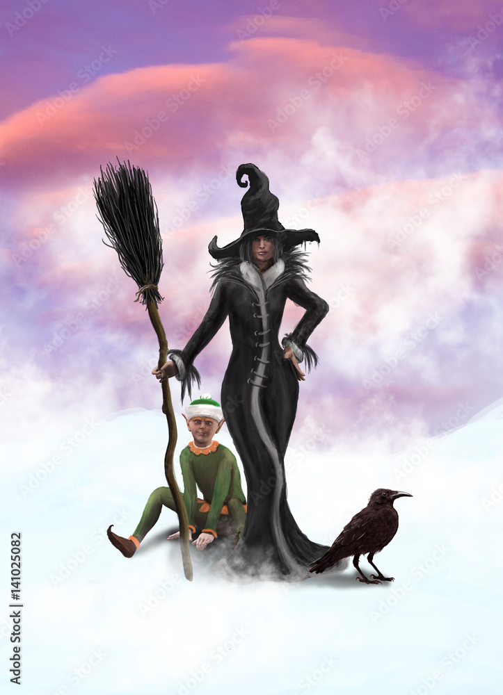 A witch, Elf and a raven