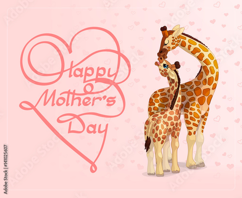 vector Happy Mothers Day greeting card. Lovely giraffes