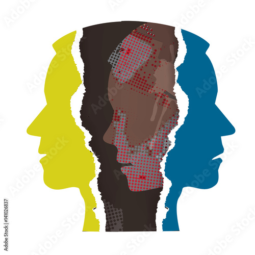 Schizophrenia depression male head silhouettes.
Ripped paper Male head silhouettes. Concept symbolizing schizophrenia, dementia, depression.Vector available.