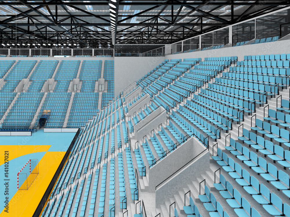 Beautiful sports arena for handball with sky blue seats and VIP boxes - 3d render