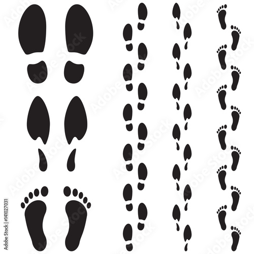 Footprint icons set. Male, female, barefoot. Footprints trail. Flat design. Abstract concept. Vector illustration.