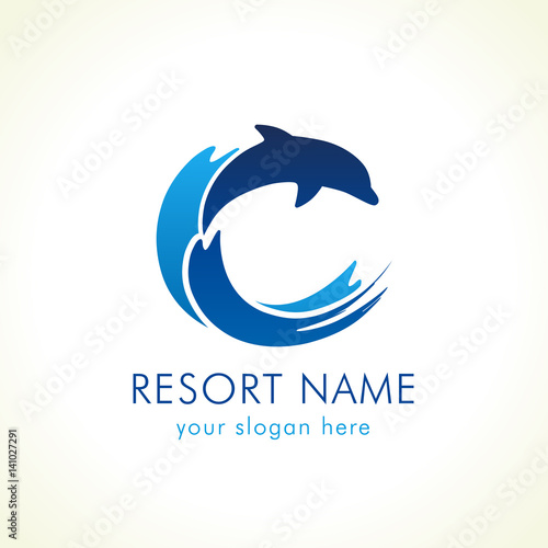 Dolphin jumping above waves. Spa, sport, travel vector logo. Branding identity for hotels, tourist business, spa, beach service, healthcare, holidays, resorts or hotel by the ocean. C name symbol.