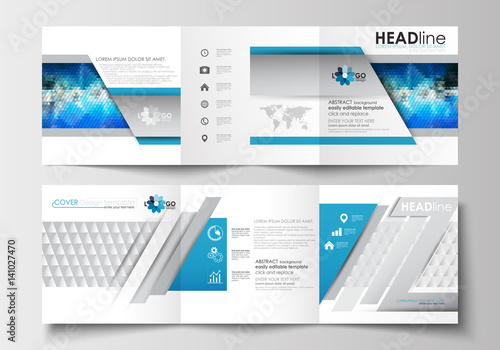 Set of business templates for tri-fold brochures. Square design. Leaflet cover, flat layout, easy editable blank. Abstract triangles, blue and gray triangular background, polygonal vector.