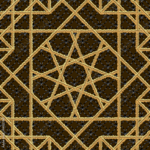 Arabic seamless pattern embroidery with gold thread style. Traditional arab geometric decorative background Vector illustrations
