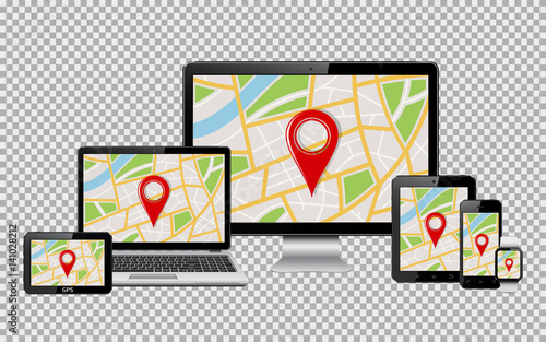 Set of realistic computer monitor, laptop, tablet, mobile phone, smart watch and GPS navigation system device. Isolated on transparent background.