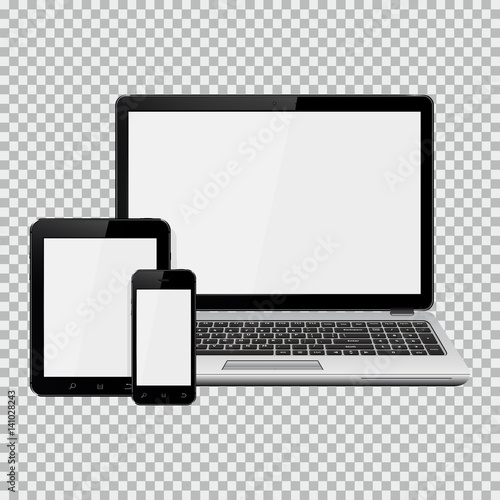Laptop, smartphone and tablet mockup isolated on transparent background