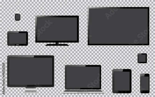 Set of realistic TV, computer monitor, laptop, tablet, mobile phone, smart watch and GPS navigation system device with transparent screen. Isolated on transparent background.