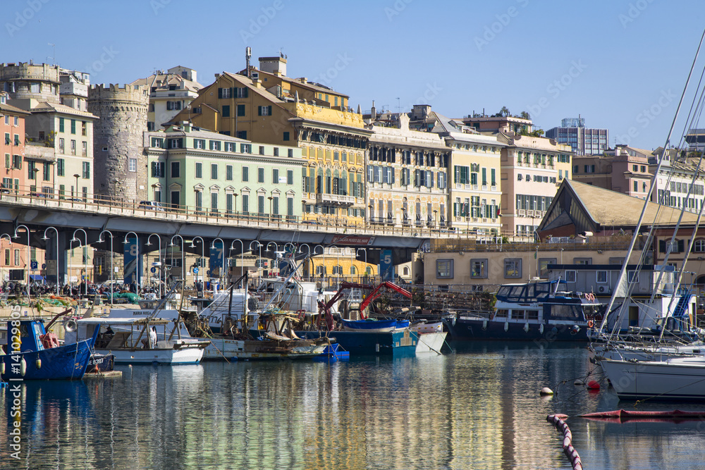 Boats moored in the Old Port, Genoa