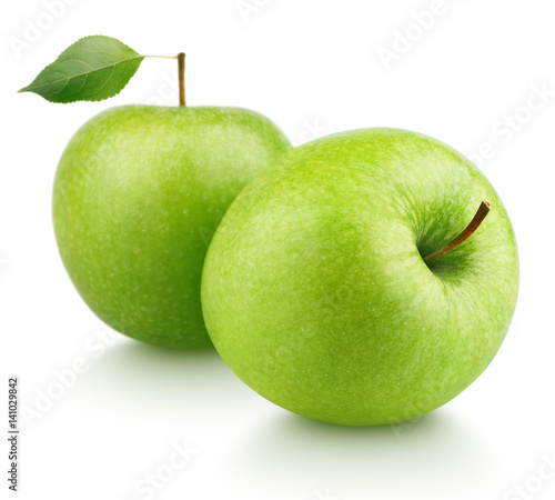 Two ripe green apple fruits with green apple leaf isolated on white background