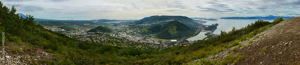 Summer panorama the center of Petropavlovsk-Kamchatsky and Avacha Bay. View from Mishennaya hills.
