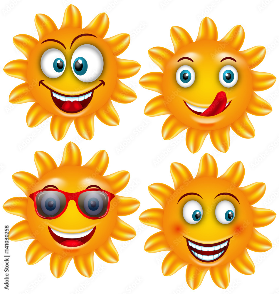 Set Smiling Sun Cartoon Characters