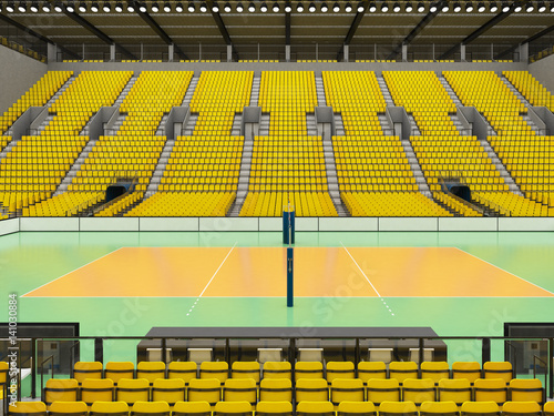 Beautiful sports arena for volleyball with yellow seats and VIP boxes