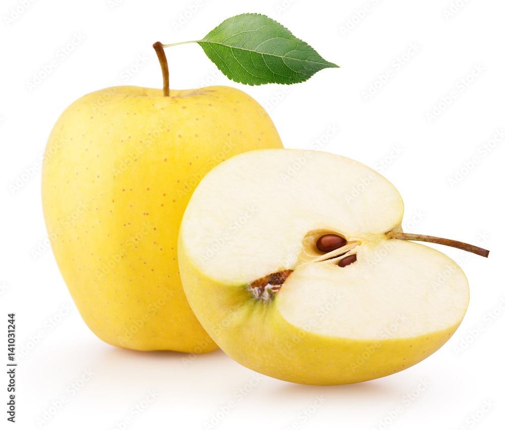 One ripe yellow apple fruit with green leaf isolated on white