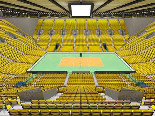 Beautiful sports arena for volleyball with yellow seats and VIP boxes