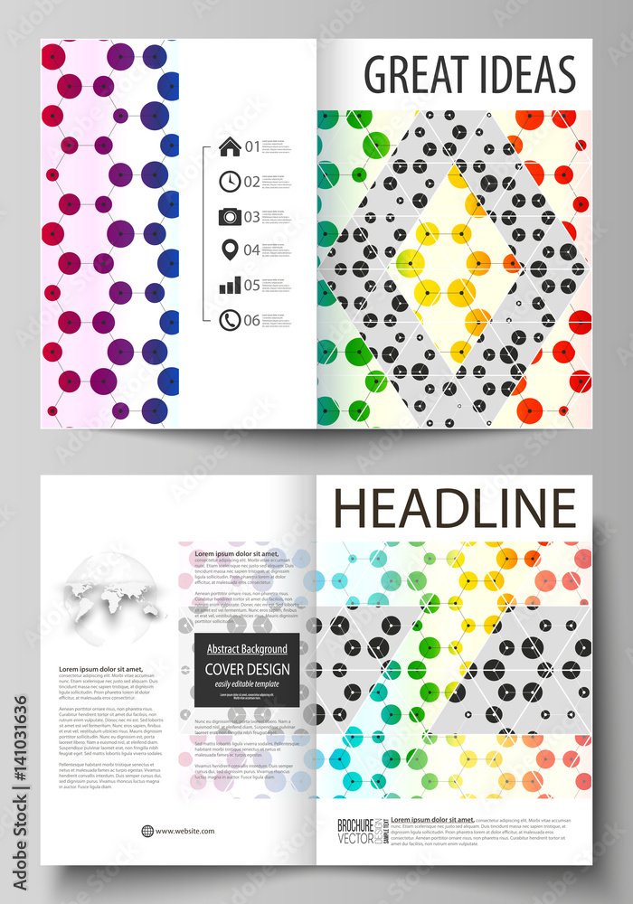 Business templates for bi fold brochure, flyer, report. Cover template, abstract vector layout in A4 size. Chemistry pattern, hexagonal design molecule structure. Geometric colorful background.