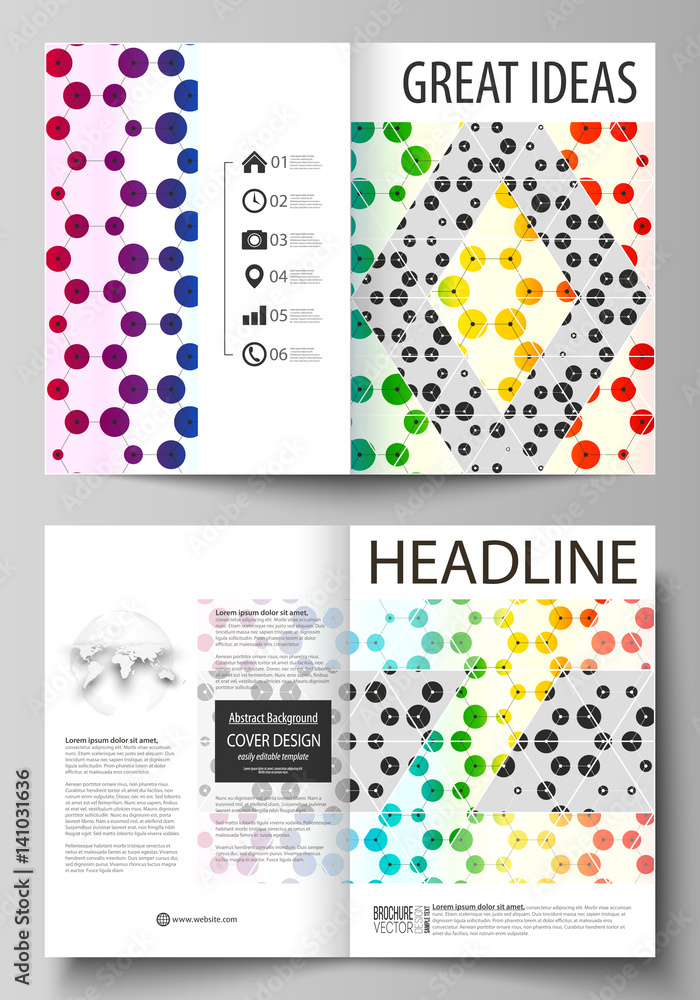 Fototapeta premium Business templates for bi fold brochure, flyer, report. Cover template, abstract vector layout in A4 size. Chemistry pattern, hexagonal design molecule structure. Geometric colorful background.