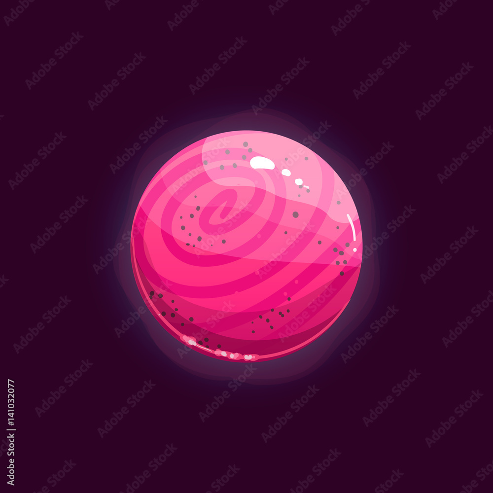 Obraz premium Fantasy planet logo. Flat style vector illustration for games and apps. Candy pink planet on black background.