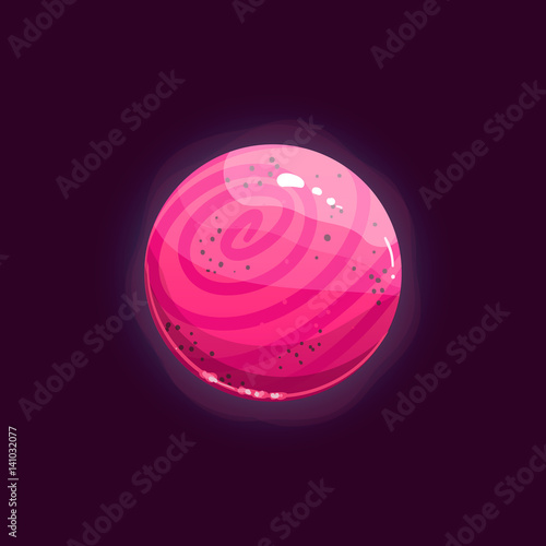 Fantasy planet logo. Flat style vector illustration for games and apps. Candy pink planet on black background.