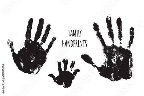 Family handprints vector illustration. Watercolor family handprints of mom, dad, and child. Social illustration.