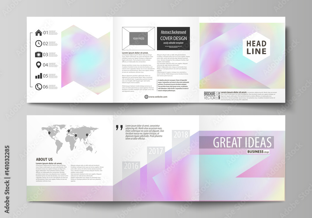 Business templates for tri fold square design brochures. Leaflet cover, abstract vector layout. Hologram, background in pastel colors, holographic effect. Blurred colorful pattern, futuristic texture. Business templates for tri fold square design brochures. Leaflet cover, abstract vector layout. Hologram, background in pastel colors, holographic effect. Blurred colorful pattern, futuristic texture.