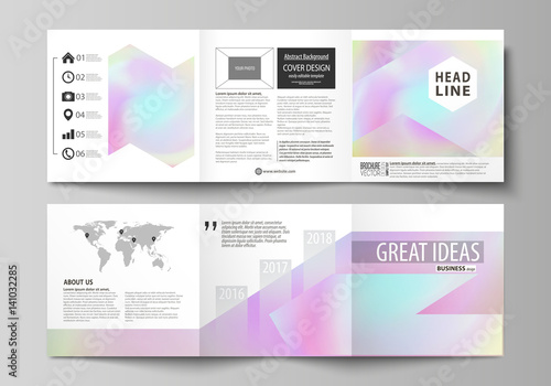 Business templates for tri fold square design brochures. Leaflet cover, abstract vector layout. Hologram, background in pastel colors, holographic effect. Blurred colorful pattern, futuristic texture.