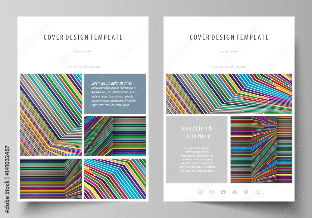 Business templates for brochure, magazine, flyer, booklet, report. Cover design template, abstract vector layout in A4 size. Bright color lines, colorful style, geometric shapes, minimalist background