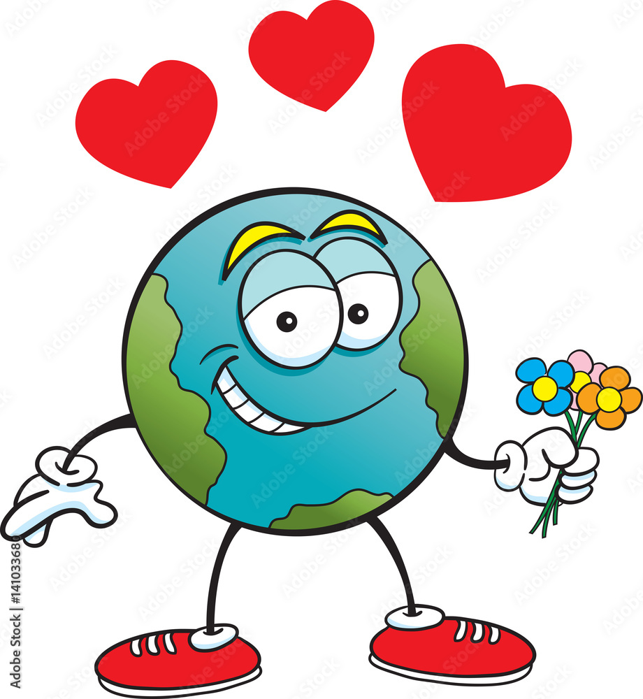 Cartoon illustration of the earth holding flowers.