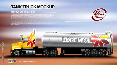 Digital vector orange new modern tank truck close up mockup, ready for print or magazine design. Your brand, oil transport. Brown and blue background. Realistic 3d