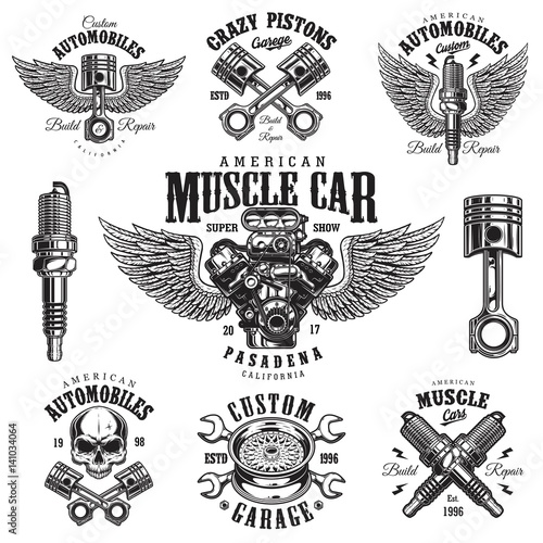 Set of vintage monochrome car repair service templates of emblems, labels, badges and logos. Isolated on white background. Perfect for t-shirt printing.