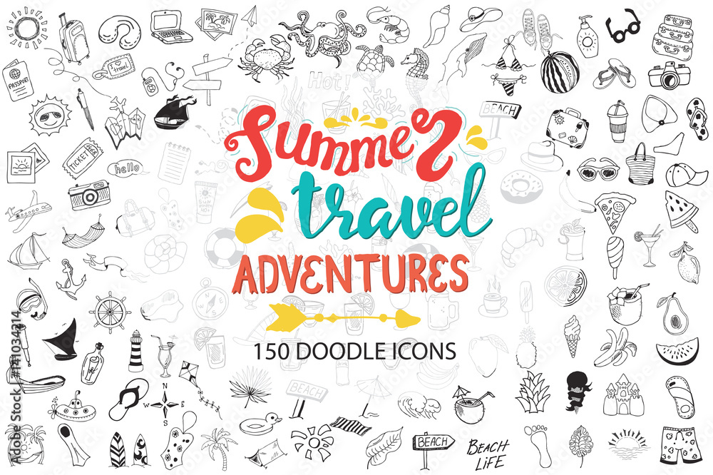 Hand drawn sea, travel, drinks, fruits, summer doodle Icons collection on white 