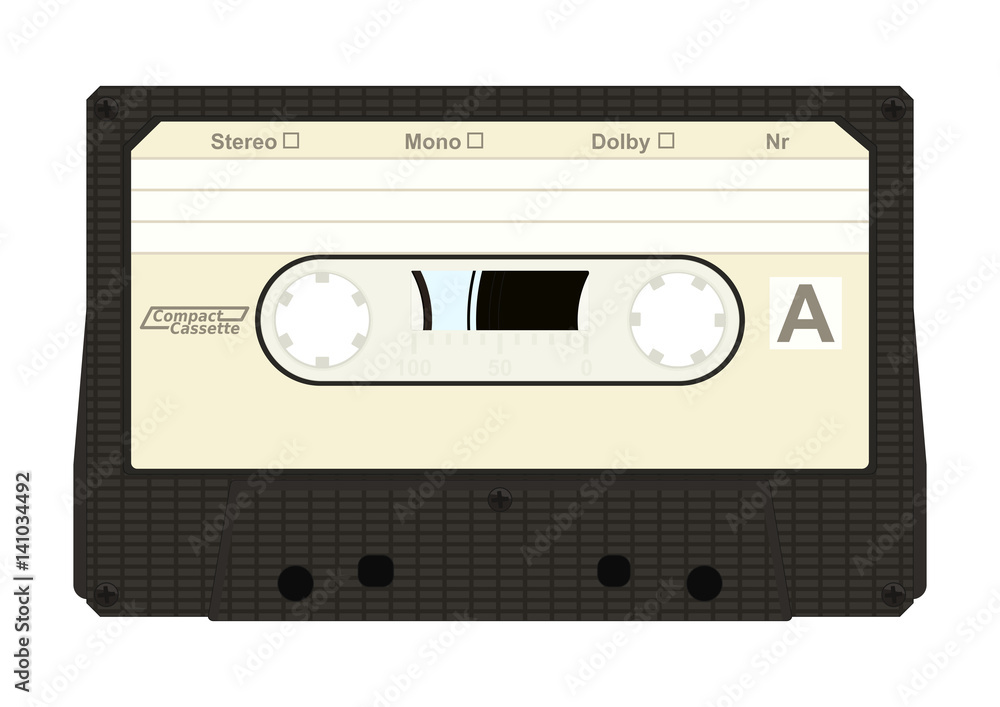 Fototapeta premium Black retro audio cassette with label isolated on white background. Flat vector.