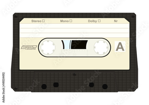Black retro audio cassette with label isolated on white background. Flat vector.
