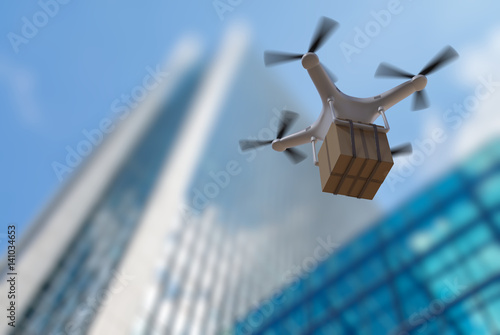 3D rendered illustration of flying drone delivering a package.