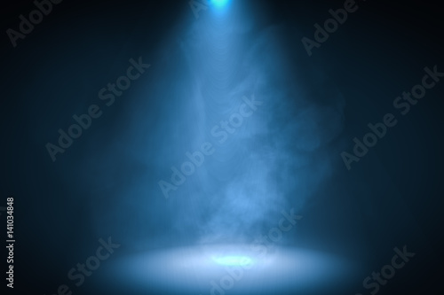 3D rendered illustration of podium with blue spotlight background with smoke.