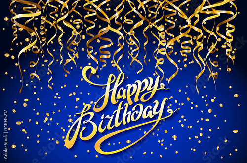 concept party on blue background top view happy birthday gold confetti vector - modern flat design style