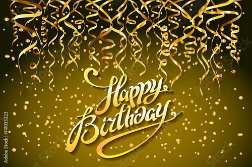 Photography concept party on gold background top view happy birthday gold confetti vector -
