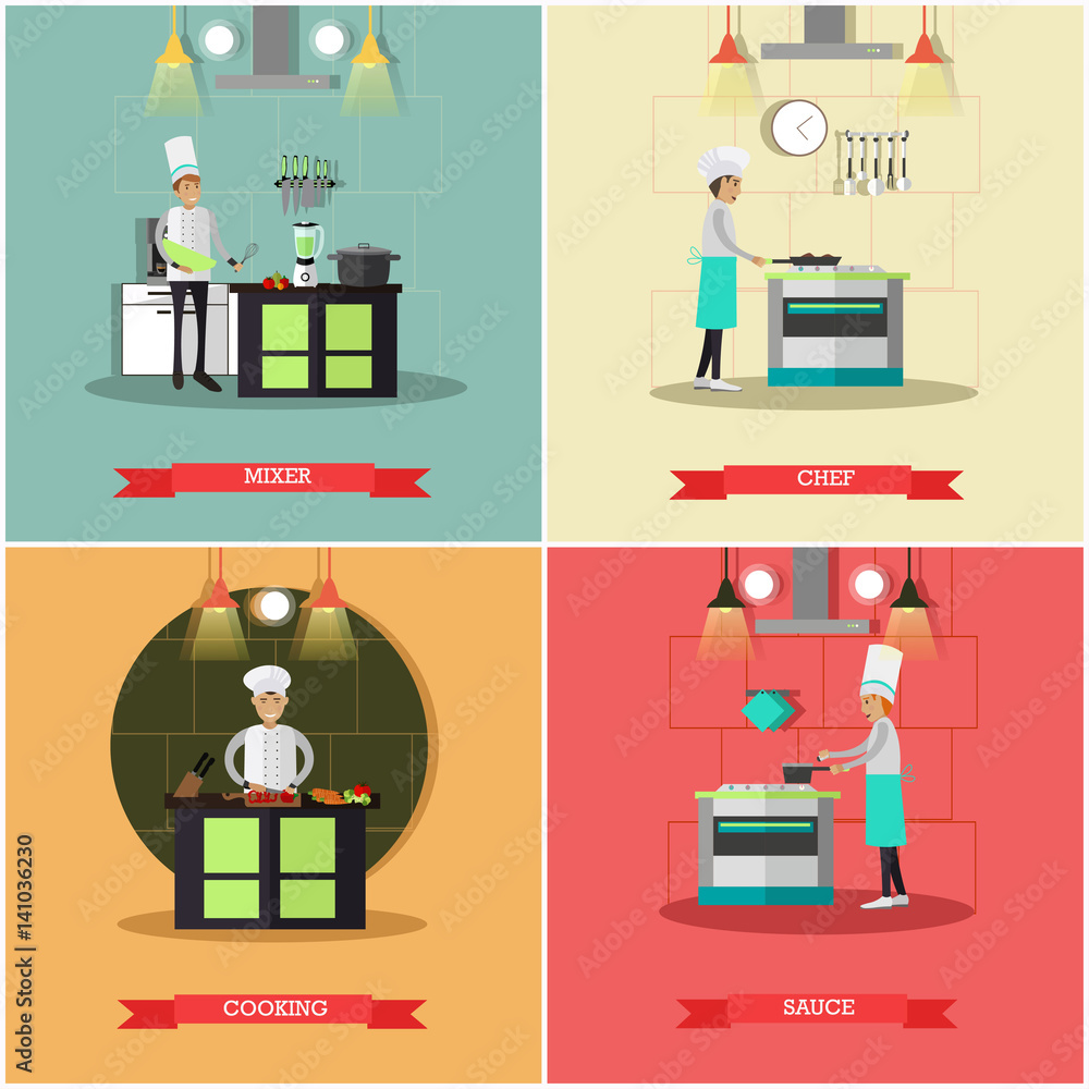 Vector set of kitchen posters, banners in flat style Vector set of kitchen posters, banners in flat style