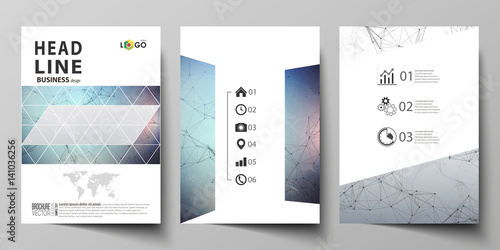 Business templates for brochure, magazine, flyer. Cover design template, vector layout in A4 size. Compounds lines and dots. Big data visualization in minimal style. Graphic communication background.